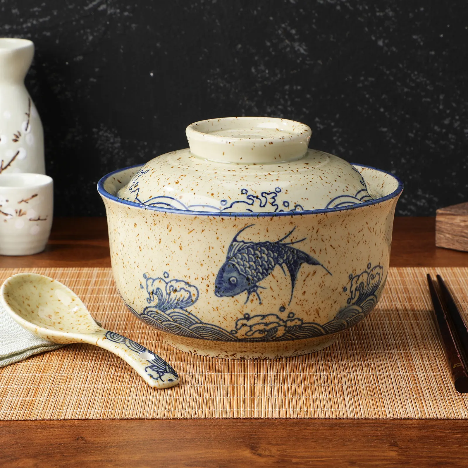 2Sets Ceramic Ramen Bowl Set with Lids Fine Craftsmanship Stain Resistant Smooth Surface Instant Noodle Soup Stew Serving Bowls