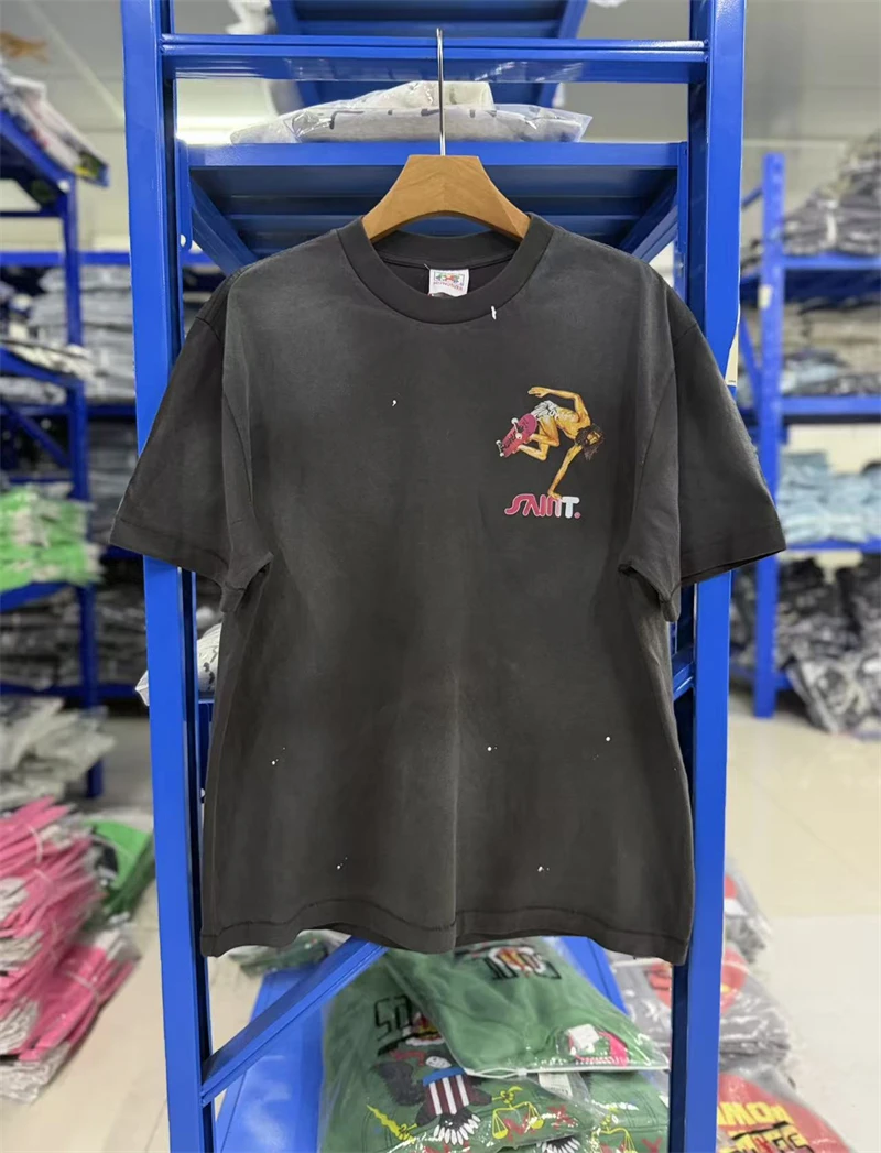 Summer Saint Pattern Printed Washed Vintage Street Casual Loose Short Sleeved Cotton Versatile Round Neck Men Oversize T-shirt