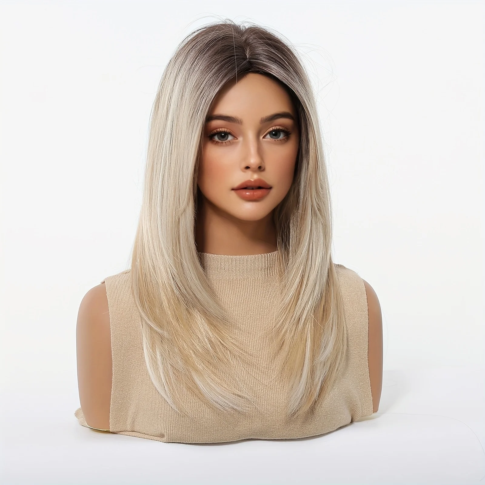 16-inch wig, eight-character bangs, layered straight hair, blond wig, comfortable to wear, matte high-temperature silk material