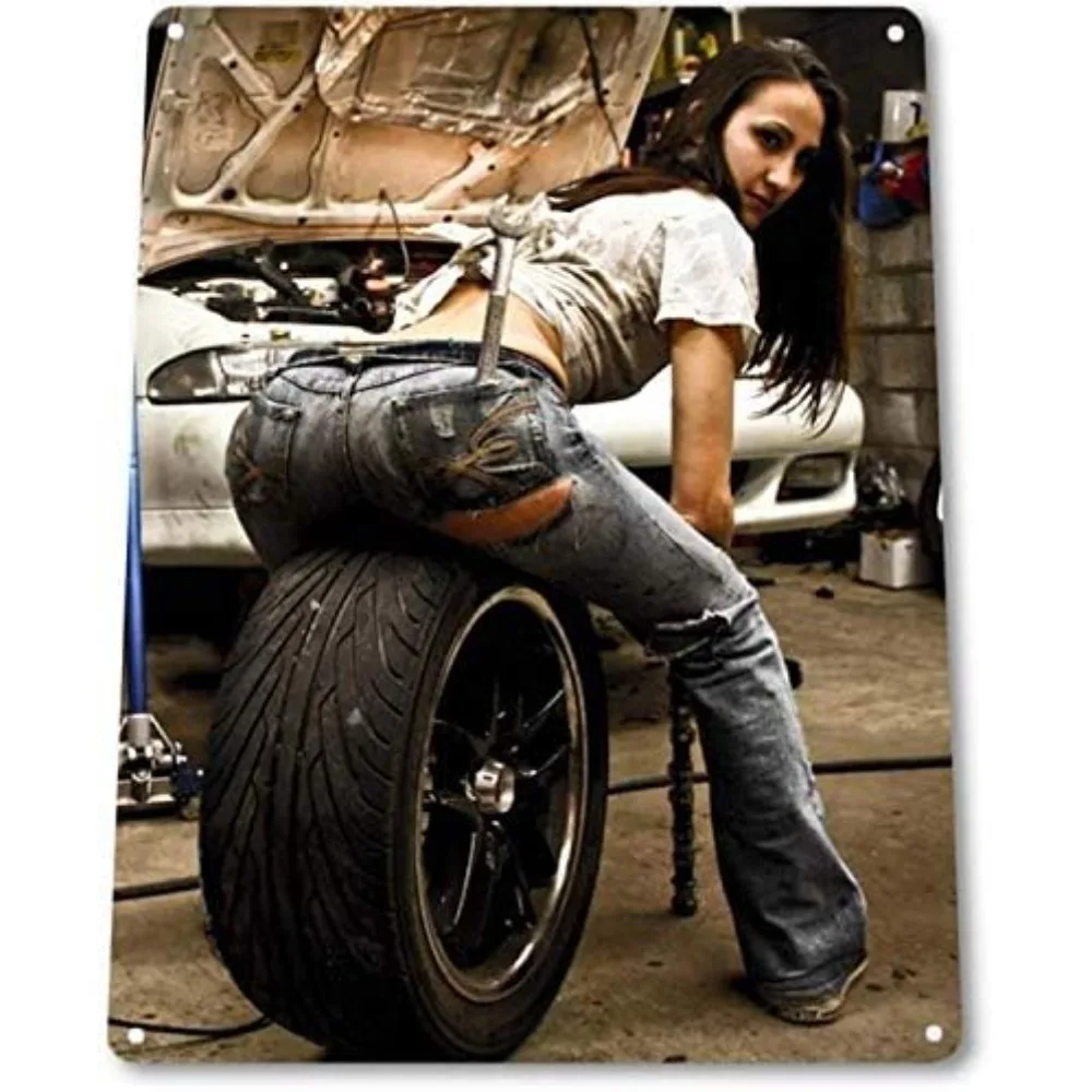 SRongmao Tire Pressure Pinup Girl Sexy Hot Rod Car Garage Auto Shop Wall Decor Metal Tin Sign 8x12in