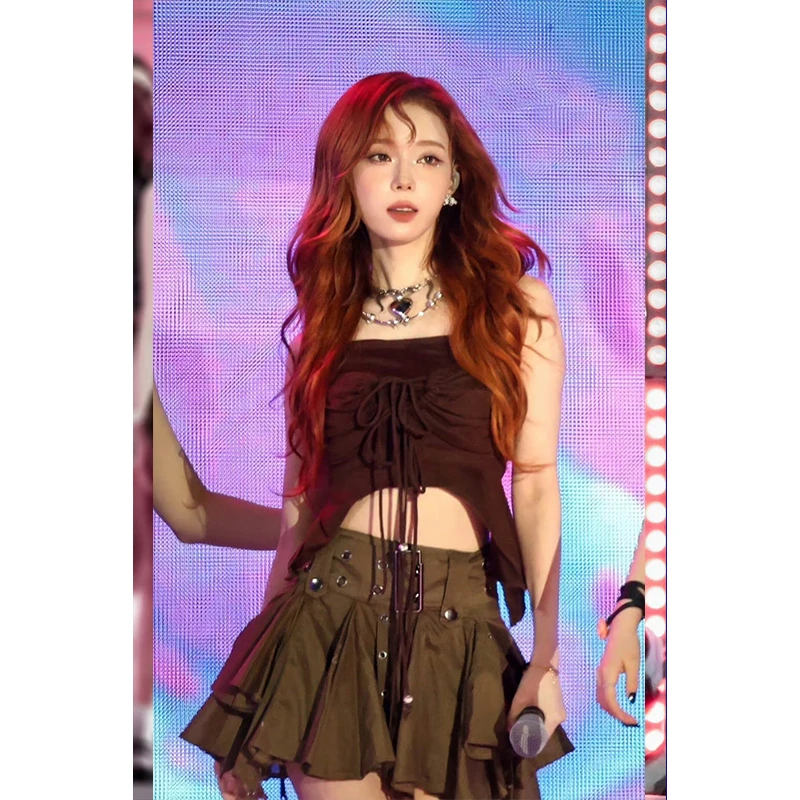 Kpop Korean Singer Y2K Sexy Off-Shoulder Lace-Up Vest Crop Tops Women Nightclub Slim High Waist Irregular Skirt Two Piece Set