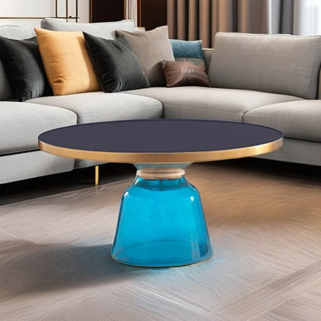 

Принимаемый журнальный столик из синего стекла, круглый стеклянный столик для гостиной с краем из нержавеющей стали