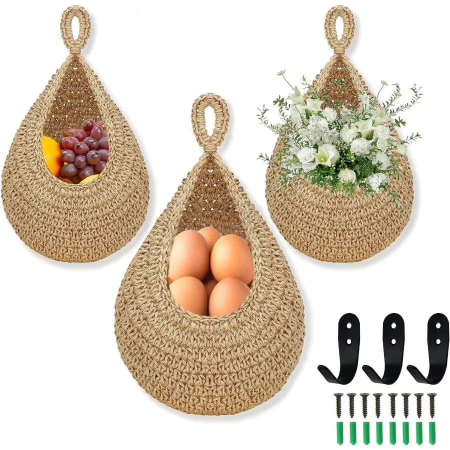 

Hanging Fruit Basket for Kitchen 3 Pack Wall Hanging Fruit Baskets with 3 Hooks Boho Style Hanging Wall Basket Ideal for Storin