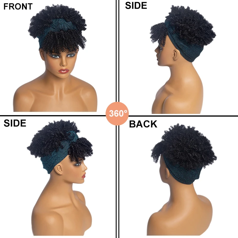 Weiche verworrene lockige Stirnband Perücke kurze Afro verworrene lockige Turban Wrap Perücken für Frauen 10 ''synthetische Afro lockige Perücke mit Schal Cosplay