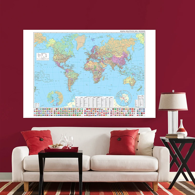 Mapa del mundo del idioma español de 150x100cm con banderas nacionales, póster de pared de ciudades importantes, pintura en lienzo, decoración, suministros escolares