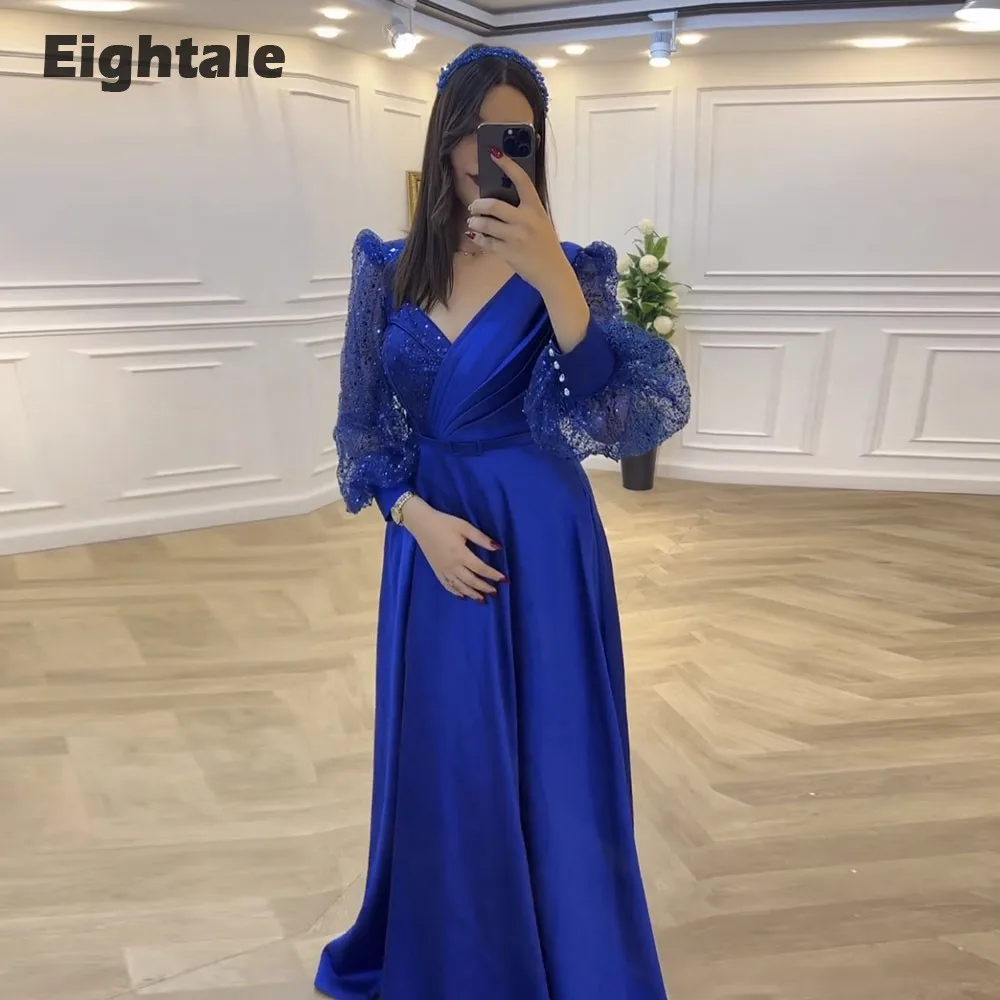 Eightale Royal Blue Evening Dresses Puffy Sleeves Sweetheart Glitter Customized V-Neck Satin Prom Party Gown vestido de fiesta