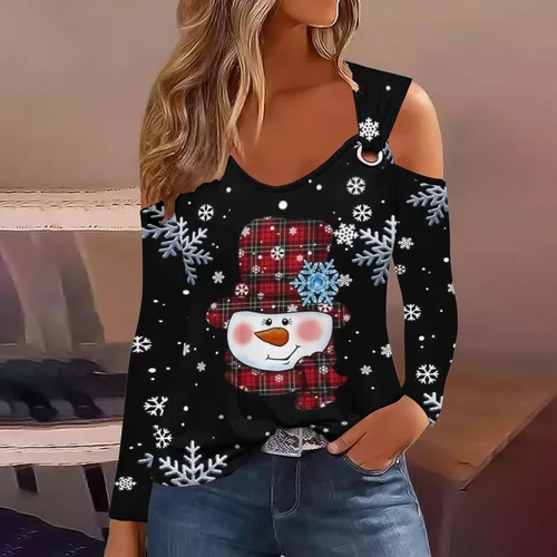 Camiseta de manga larga con hombros descubiertos para mujer, camisa Sexy con estampado de árbol de Navidad y muñeco de nieve, Tops informales, 2024