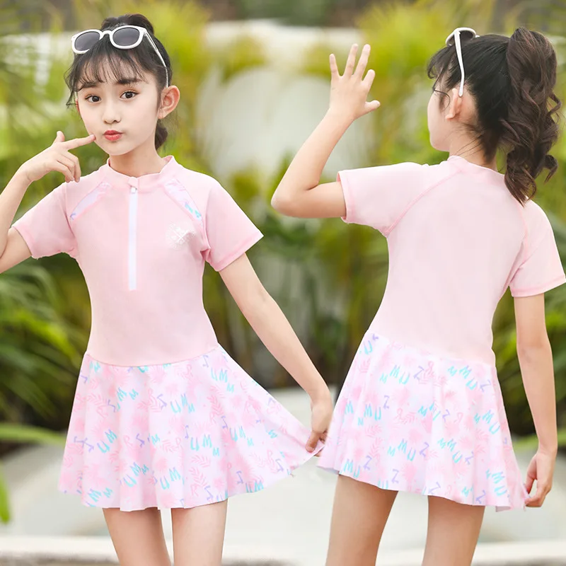 One-piece swimsuit with zipper for Little Princess, flower print, short sleeve, swimming dress for big children, new design