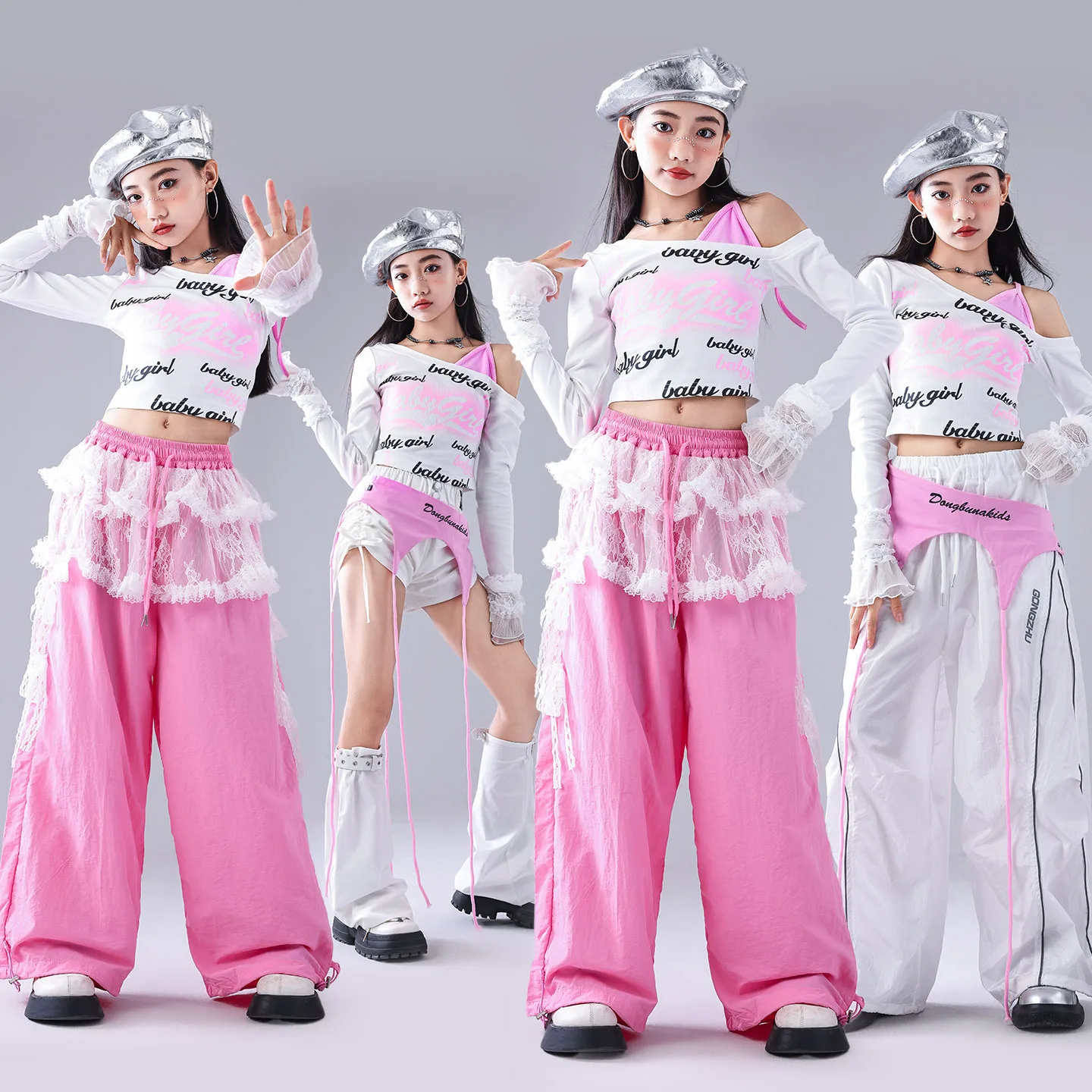 

Girls K-pop Sweet Off Shoulder Crop Top Cargo Pants Dance Shorts Kids Hip Hop Streetwear Children Jazz Girl Group Clothes Sets