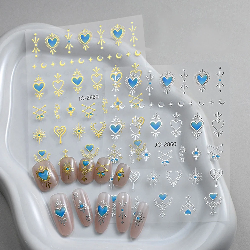 3D Sky Blue Gilded Love Heart Nail Stickers Baroque Moon Stars Sun Adhesive Slider Manicure Decoration Valentine's Nail Supplies