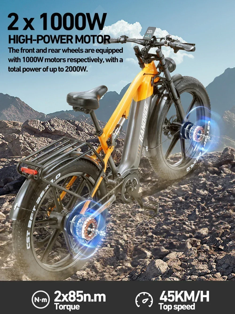 Electric Bike RANDRIDE YX80M for Adults, Powerful 2000W Motor, 48V 20Ah Removable Large Battery, 26x4.0
