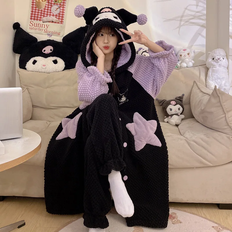 Sanrioed Kuromi Girl's Coral Fleece Pajamas Thickened Warm Autumn Winter Cinnamoroll Cute Hooded Robe Women Long Home Wear Suit