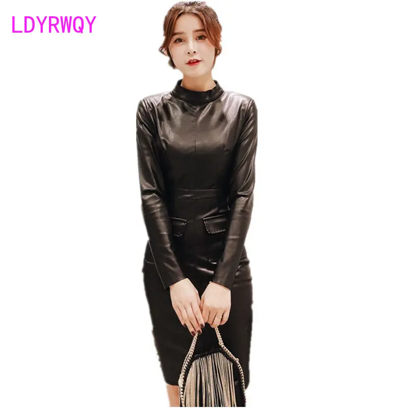 2023 autumn winter clothing  version slim fashion temperament leather coat bottomed long sleeve hip bag pu leather dress women