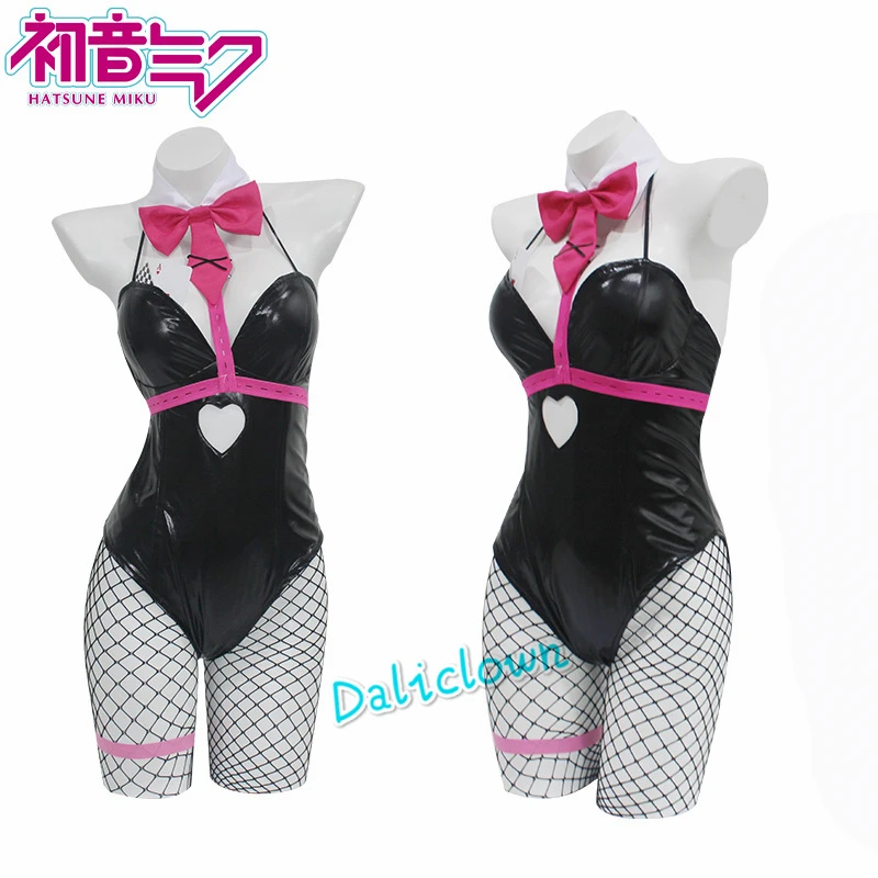 Miku Rabbit Hole Cosplay Costume Wig Anime Black Patent Leather Bunny Girl Sexy Body Suit Halloween Party Outfit With Ears