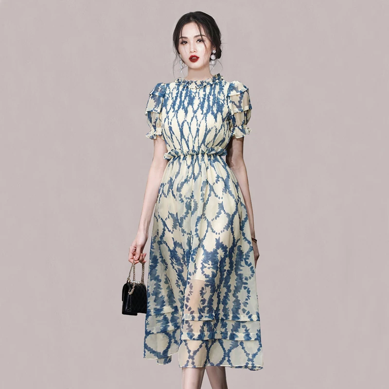 Runway Vintage Summer Organza Holiday Long Dress Elegant Women Ruffled Collar Flower Print Lantern Sleeve High Waist Vestidos