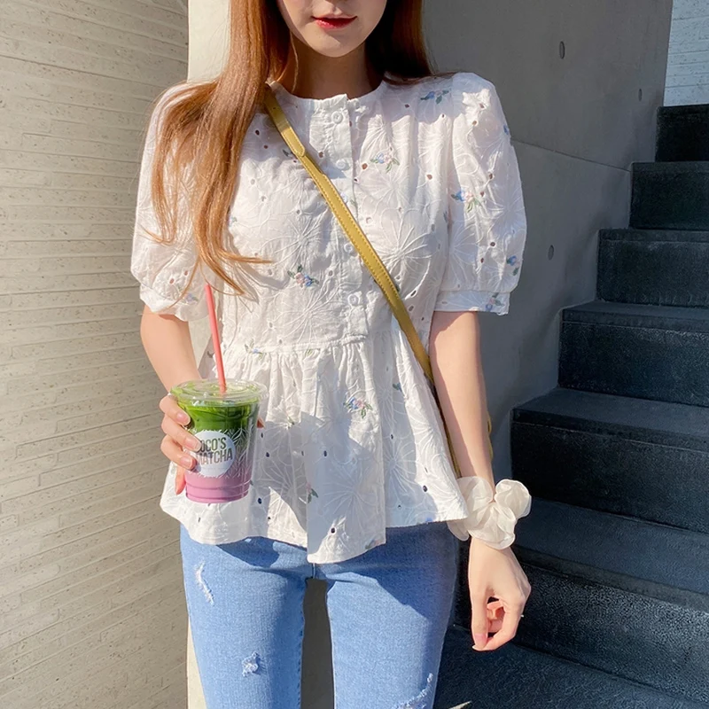 Korean Chic Puff sleeve embroidery top Summer Ruffles Women blouse Hollow out White Lace shirt