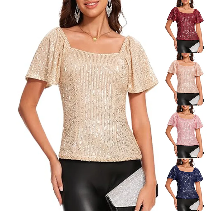 

Square neck, fashionable short-sleeved sequined puff sleeve top, novel design and versatile.