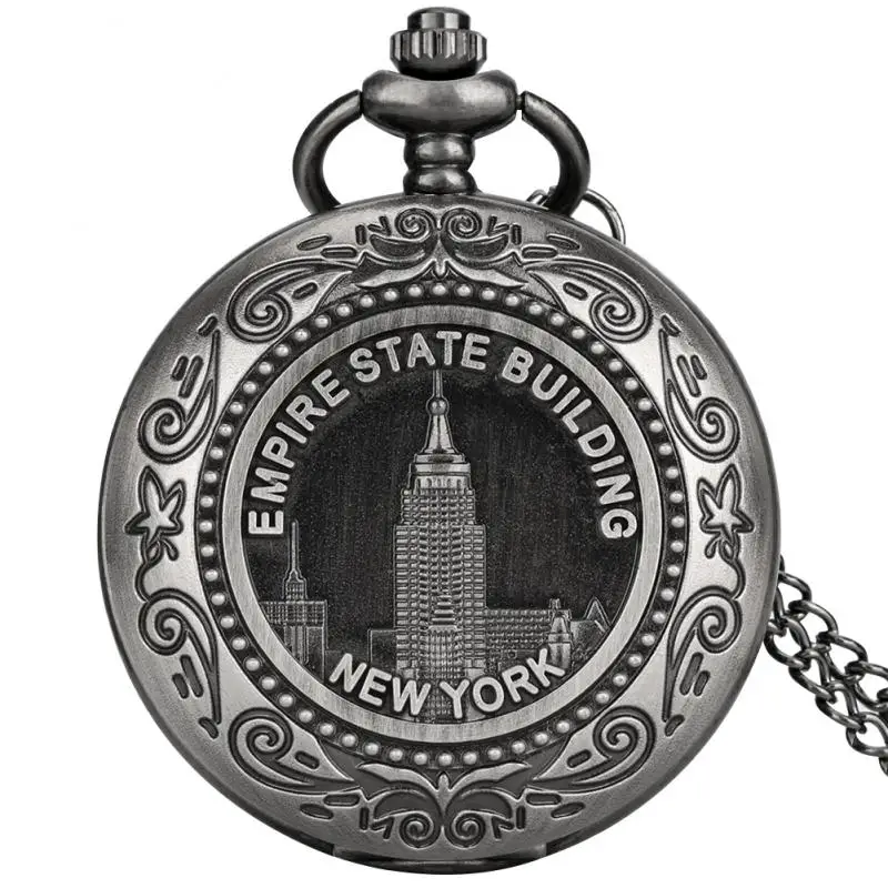 Famoso reloj de bolsillo de cuarzo con diseño de construcción del imperio del Estado de Nueva York, Steampunk, Fob, cadena colgante, collar, reloj, regalos para hombres y mujeres