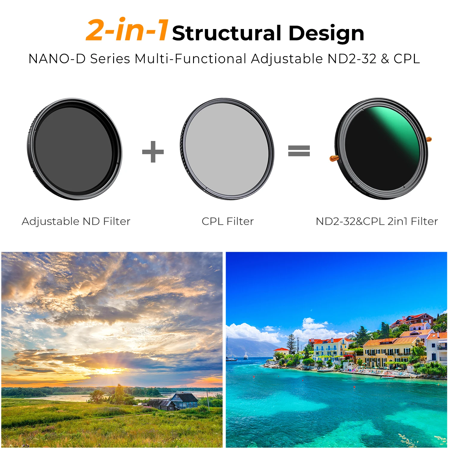 K&F Concept متغير ND2-ND32 CPL 2In 1 Filter (Nano-D) طلاءات مقاومة للماء والغبار لعدسة الكاميرا 49/52/58/62/67/72/77/82 مم