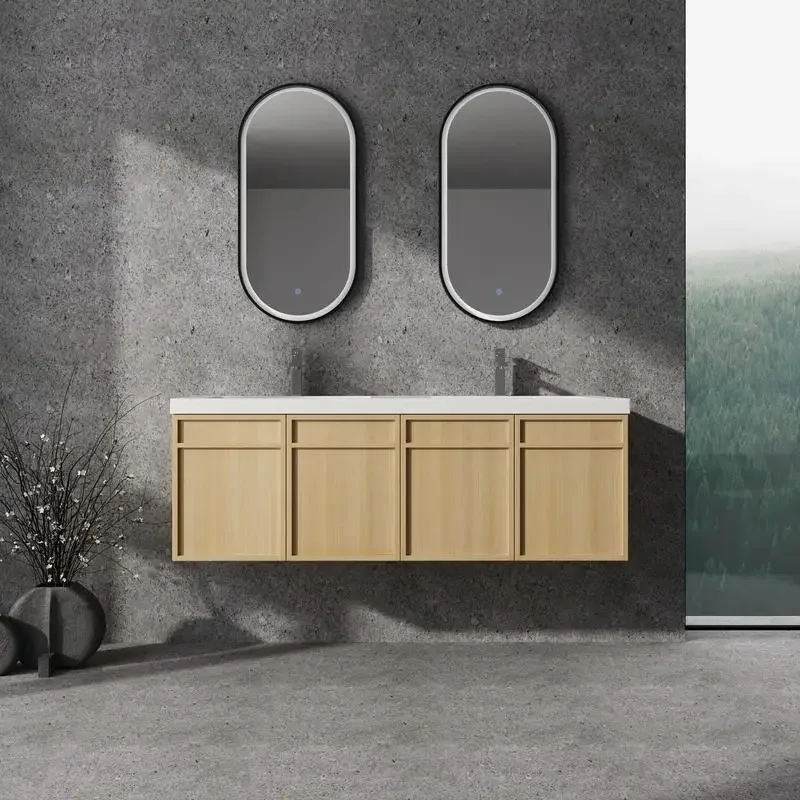 

*v Customizable 4 Soft-Closing Doors Original Oak Finish Plywood Construction Wall-Mounted Bathroom Vanity with Double Sink