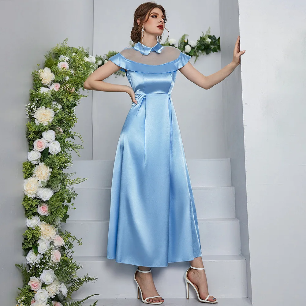 ZTY-21527 Women's Summer Girl Bright Blue Mesh Long Dress High Waist A-line Skirt