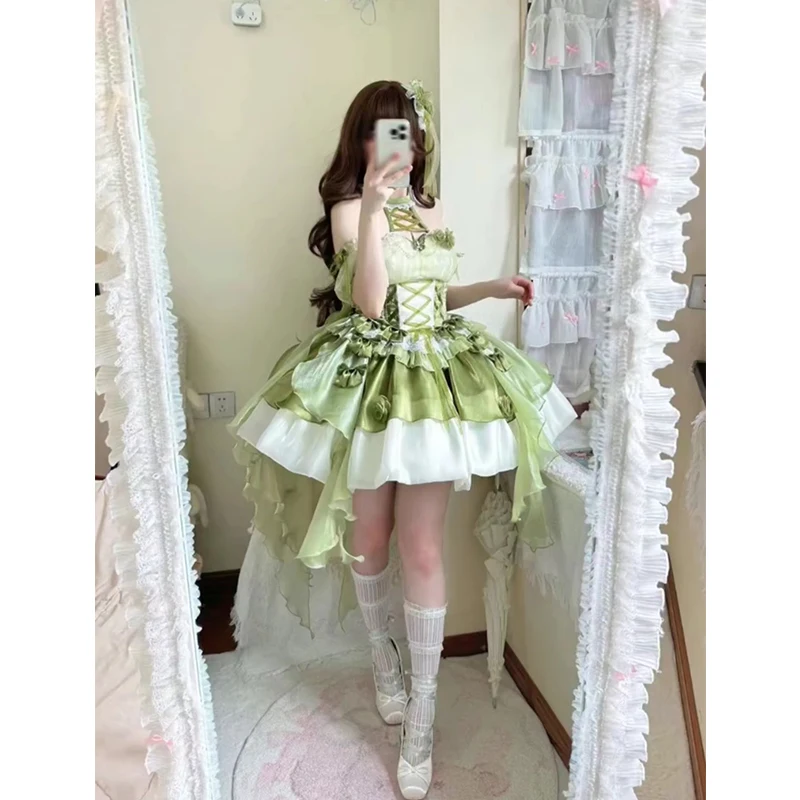 Green Lolita Neck Short Dress Womens High Waist Slim Sweet Off-The-Shoulder Princess Birthday Dress Ladies Wedding Party Dress