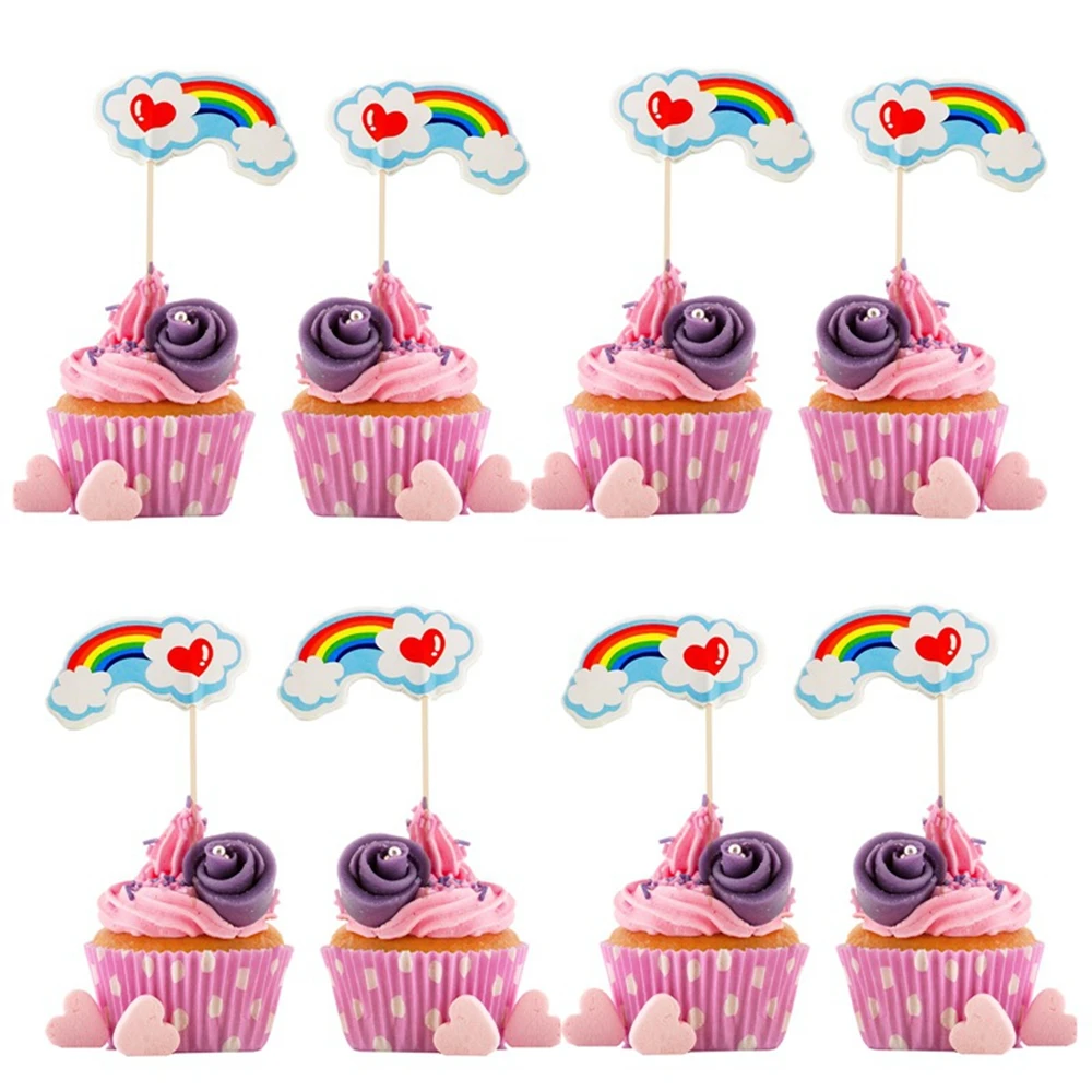 24pcs/lot Rainbow Theme Girls Kids Favors Happy Birthday Events Party Cake Toppers Decorations Baby Shower Cupcake Picks