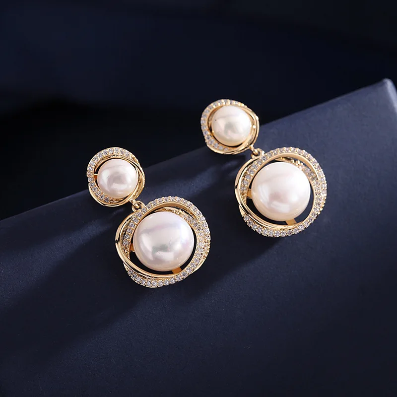 

925 Silver needle natural pearl earrings, elegant ladylike style, retro zircon geometric earrings for women