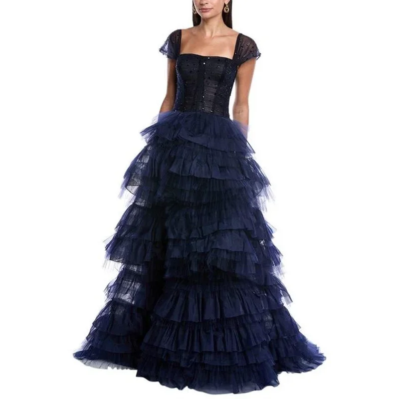 Puffy azul marinho vestidos de baile babados fotografia em camadas beading vestidos de baile longo elegância árabe exuberante vestidos de baile extra inchado