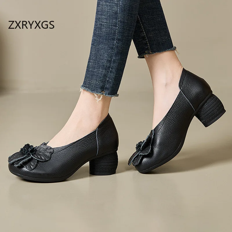 ZXRYXGS 2025 New Premium Genuine Leather Classic Flower Shoes Woman Fashionable Shoes Banquet Wedding Shoes High Heels Black Red