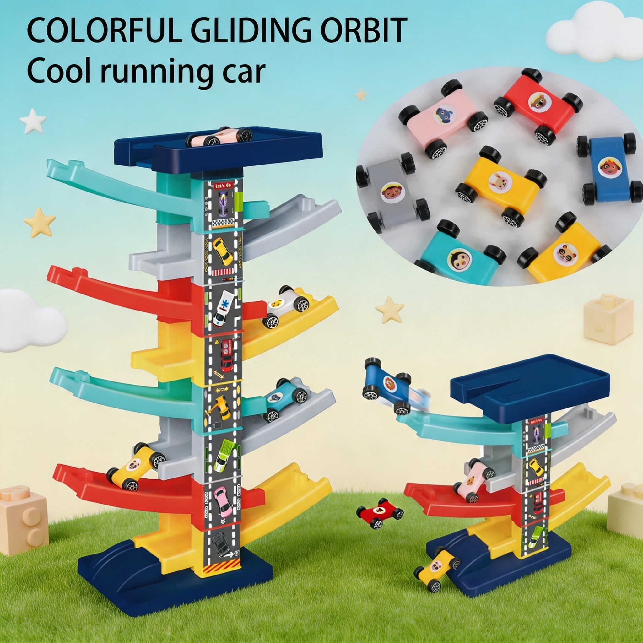 Multi-Level Inertia Slide Track Car Set, DIY Cartoon Track Building Toy, Mini Racing Car Gift for Boys Girls Kids