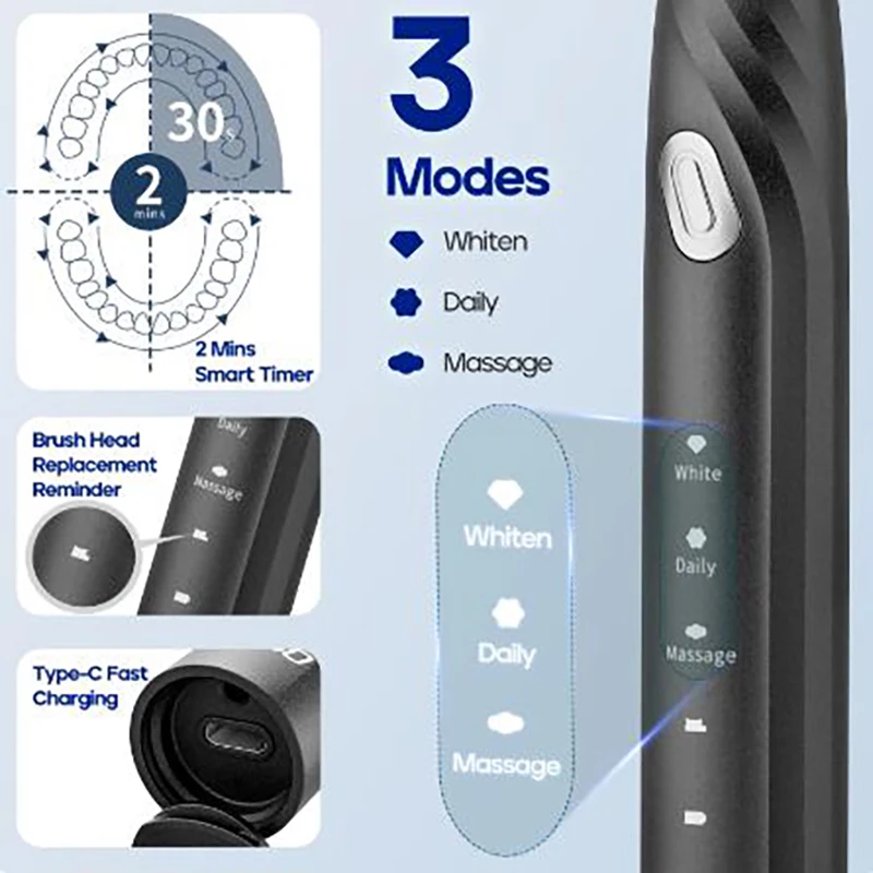 Seago 전동 칫솔, 10 브러시 헤드, 여행 상자 및 칫솔 거치대, 충전식 전동 칫솔, 가족을 위한 선물
