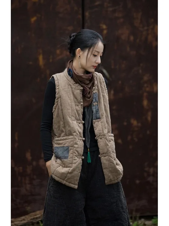 

Новый китайский хлопковый жилет Sle Thiened, женский зимний теплый хлопковый топ без насадок с льняным воротником и застежкой на одной пуговице