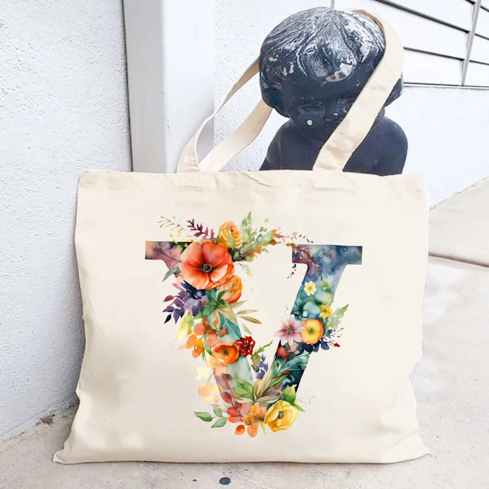 Watercolor Floral Alphabet Tote Bags for Women Large Capacity Cotton Canvas Shopping Bag Foldable Reusable Cloth Shopper