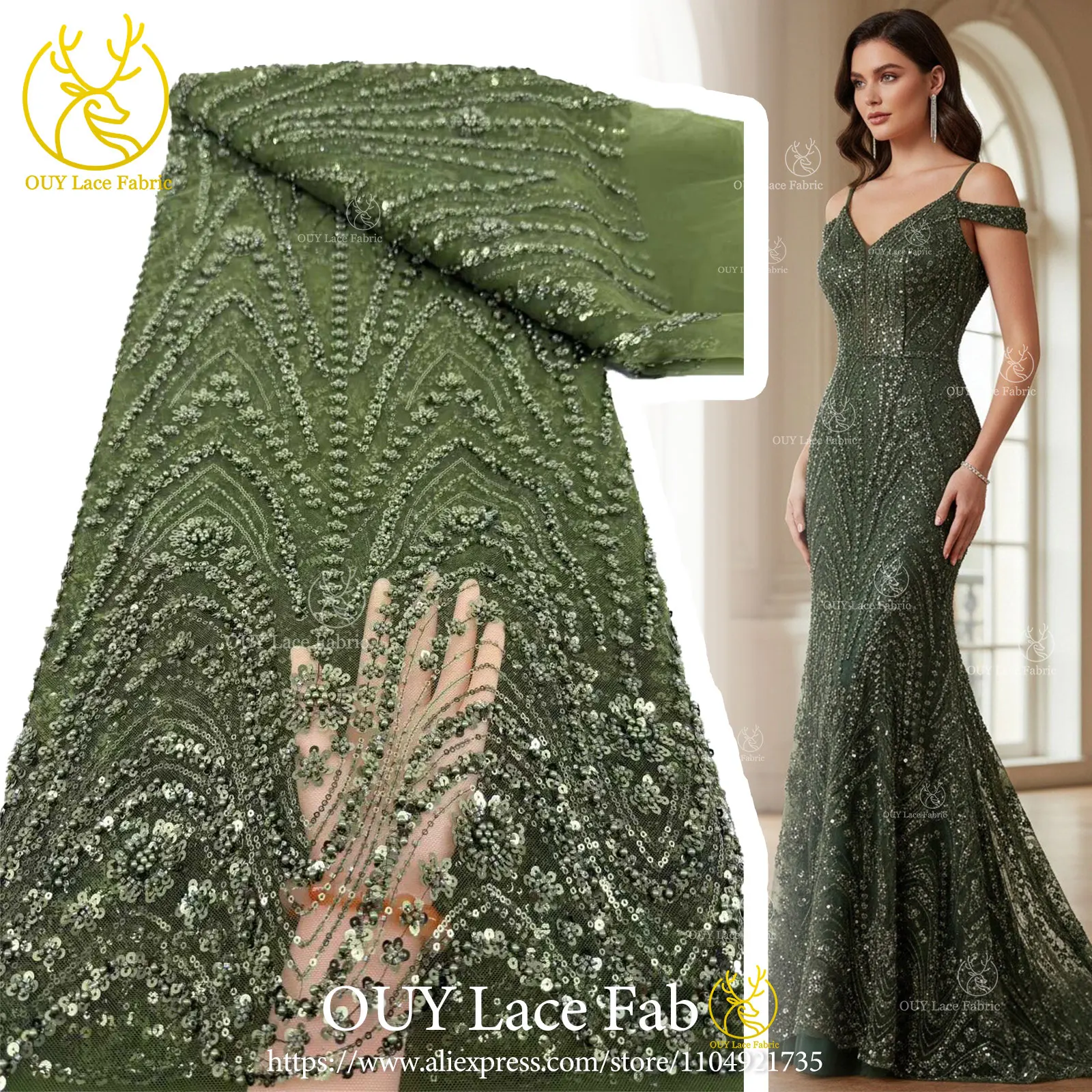 Green African Beaded Lace Fabric 2026 Wholesale Hot Sale in Nigeria Sequin Lace Fabric Lace Fabric for Women's Party Dresses 5Y