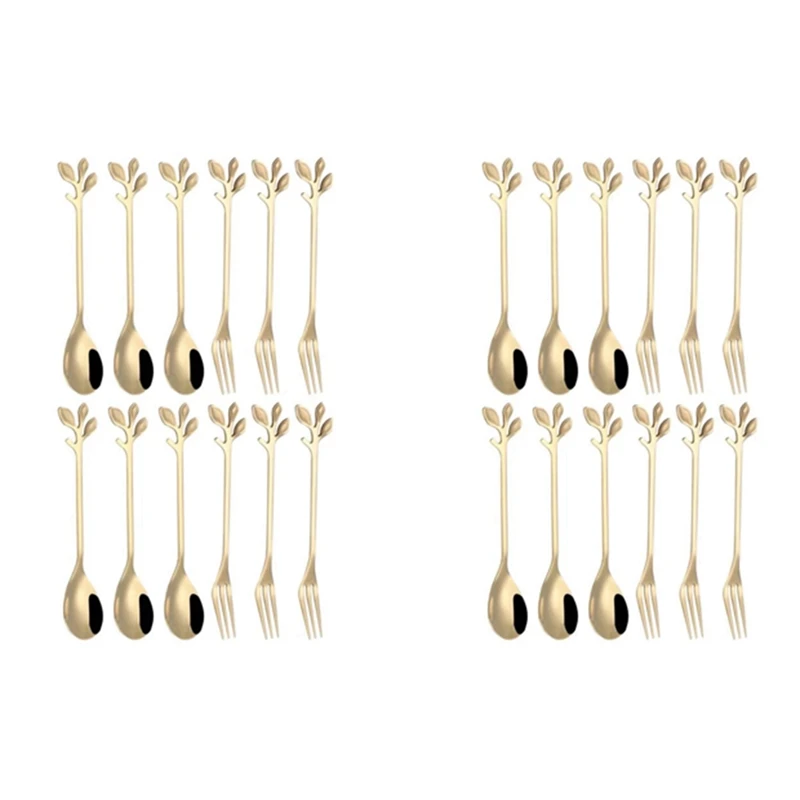 

24Pcs Dessert Spoon And Fork Set Stainless Steel Mixing Spoon Cake Forks For Home Kitchen Fruit