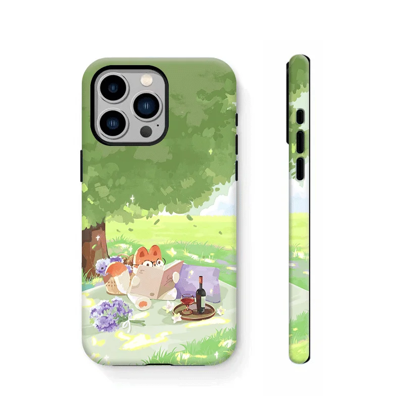 INS Picnic Reading Fox Little Fresh Case for iPhone 15 14 13 Pro Max Back Phone Cover for 12 11 Pro Plus 8 7 X XS Acrylic Cover