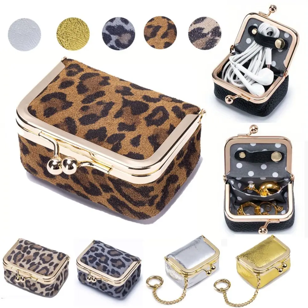 Vintage Leopard Print Mini Coin Purse Kiss Lock Jewelry Box Storage Bag Genuine Leather Change Pouch for Women