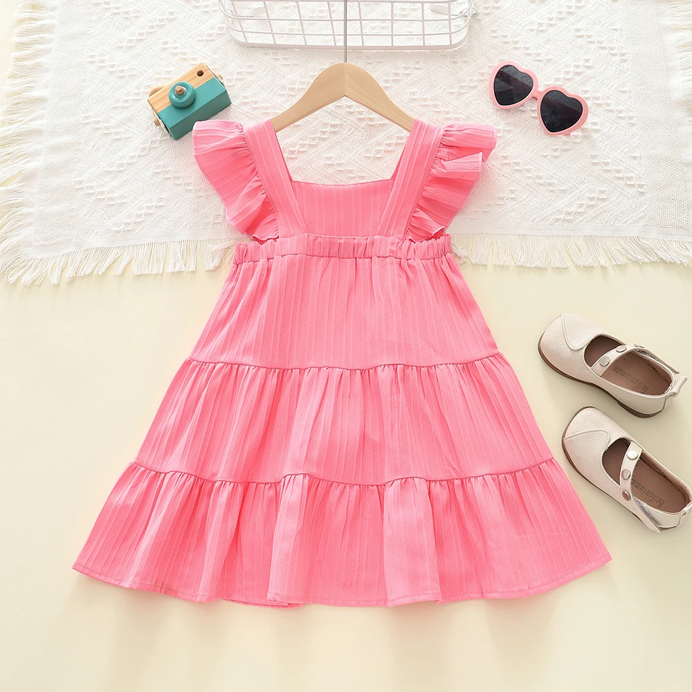 New Summer Style Children Clothing Flying Sleeve Solid Color Pleated Princess Cake Dress Girls Costume Dress