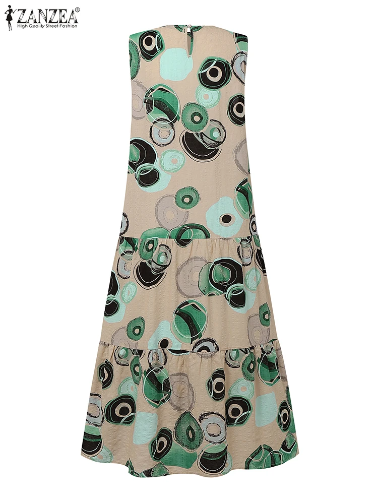 Zanzea algodão linho abstrato círculo impressão a linha vestido mulher verão moda o pescoço sem mangas em camadas roupões casuais midi vestidos