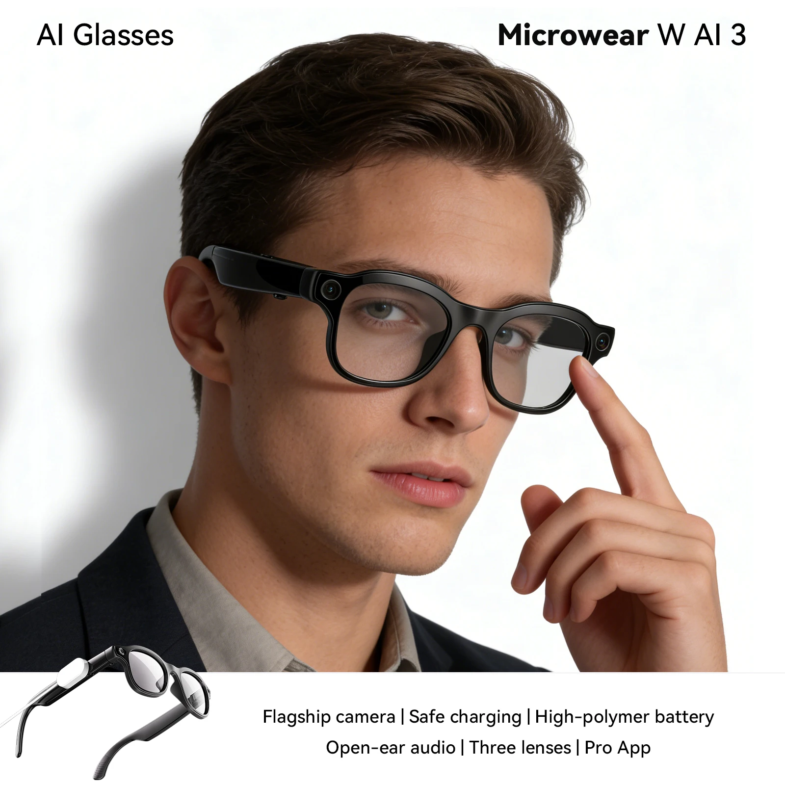 Microwear W AI 3 W93 AI Smart Glasses for Men - 800W Camera, Color Changing Translation Glasses with Video Photo Recording