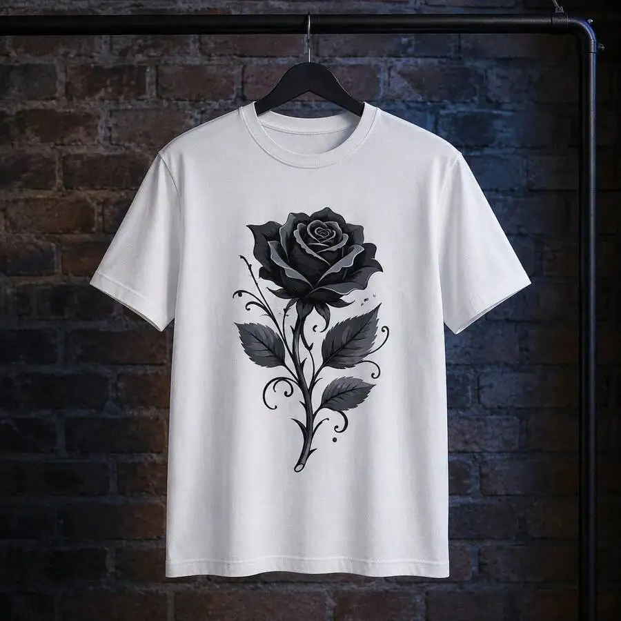 Women Black Rose Graphic T‑Shirt Gothic Dark Floral Flower Print Crew Neck Short Sleeve Casual Everyday Ladies Tops