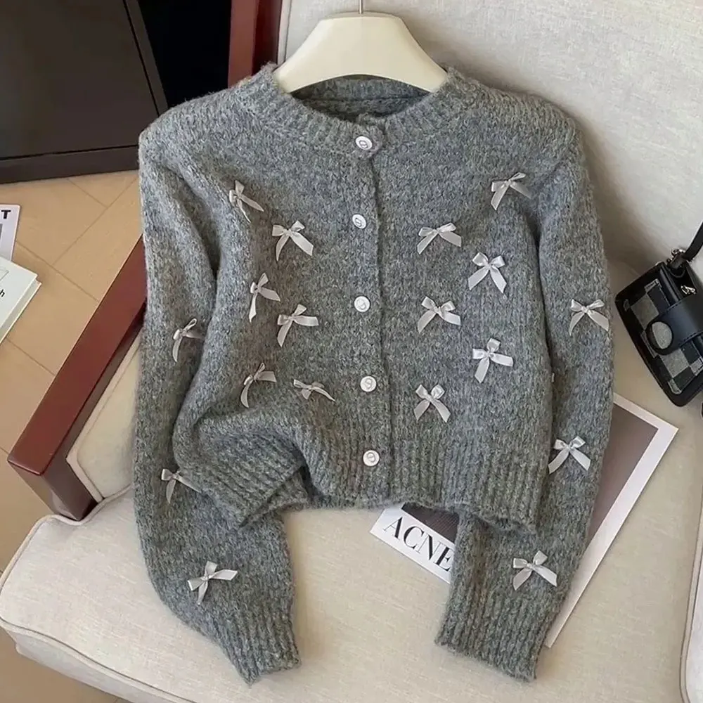 

Мягкий трикотаж, кардиган, свитер, женский весенне-осенний новый модный свободный женский вязаный топ с короткими рукавами и трехмерным бантом