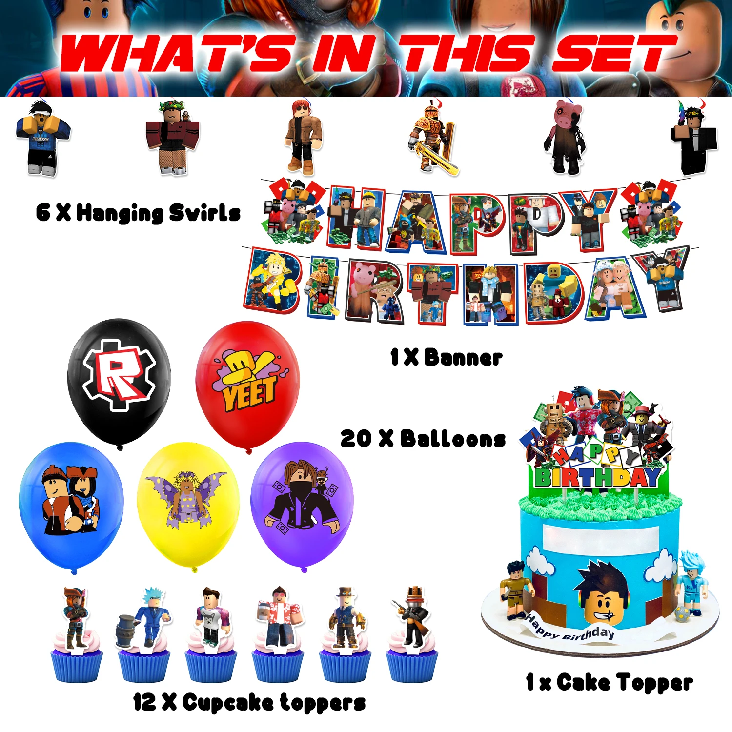 Nowy zestaw dekoracji na przyjęcie urodzinowe ROBLOX, jednorazowe flagi ROBLOX, banery, balony, topper na tort, artykuły imprezowe, prezenty na karnawał dla dzieci.