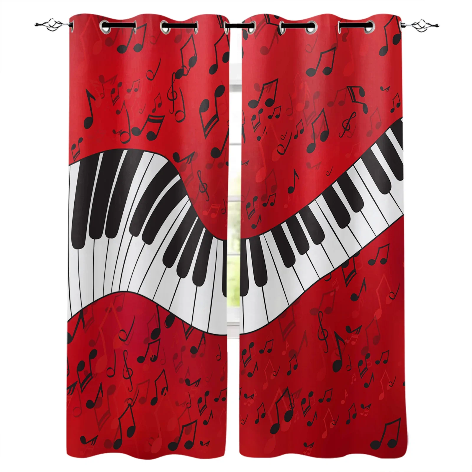 Piano Keys Music Note Red Blackout Curtains Window Curtains For Bedroom Living Room Decor Window Treatments