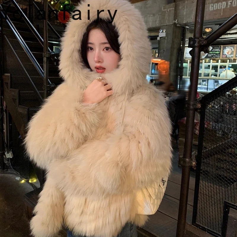 YOLANFAIRY 진짜 여우털 코트 여성용 겨울 따뜻한 후드 긴 소매 출퇴근용 청춘 자연스러운 여우털 재킷 여성용 2025