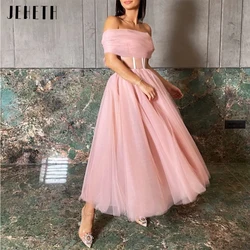 JEHETH Pastrol Pink Evening Dresses Off Shoulder Boat Neck Party Dresses Classic A-Line Tea-Length Tulle vestidos prom 2023