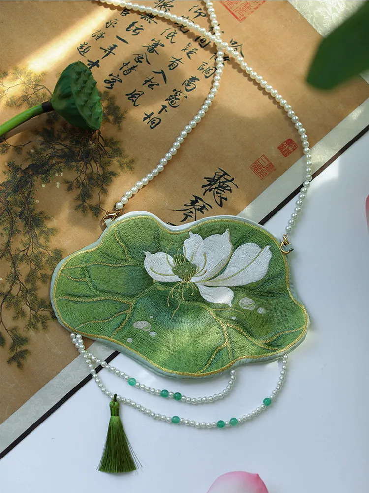Romantic Summer Chinese Exquisite Hanfu Girl Bag Green Refreshing Lotus Leaf Embroidery Lotus Flower Elegant One Shoulder Purse