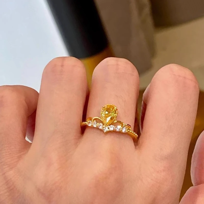 خواتم تاج أنيقة على شكل قطرة الماء للنساء، خاتم فاخر ورائع من الأحجار الكريمة الصفراء الفاخرة، هدايا مجوهرات للولائم اليومية