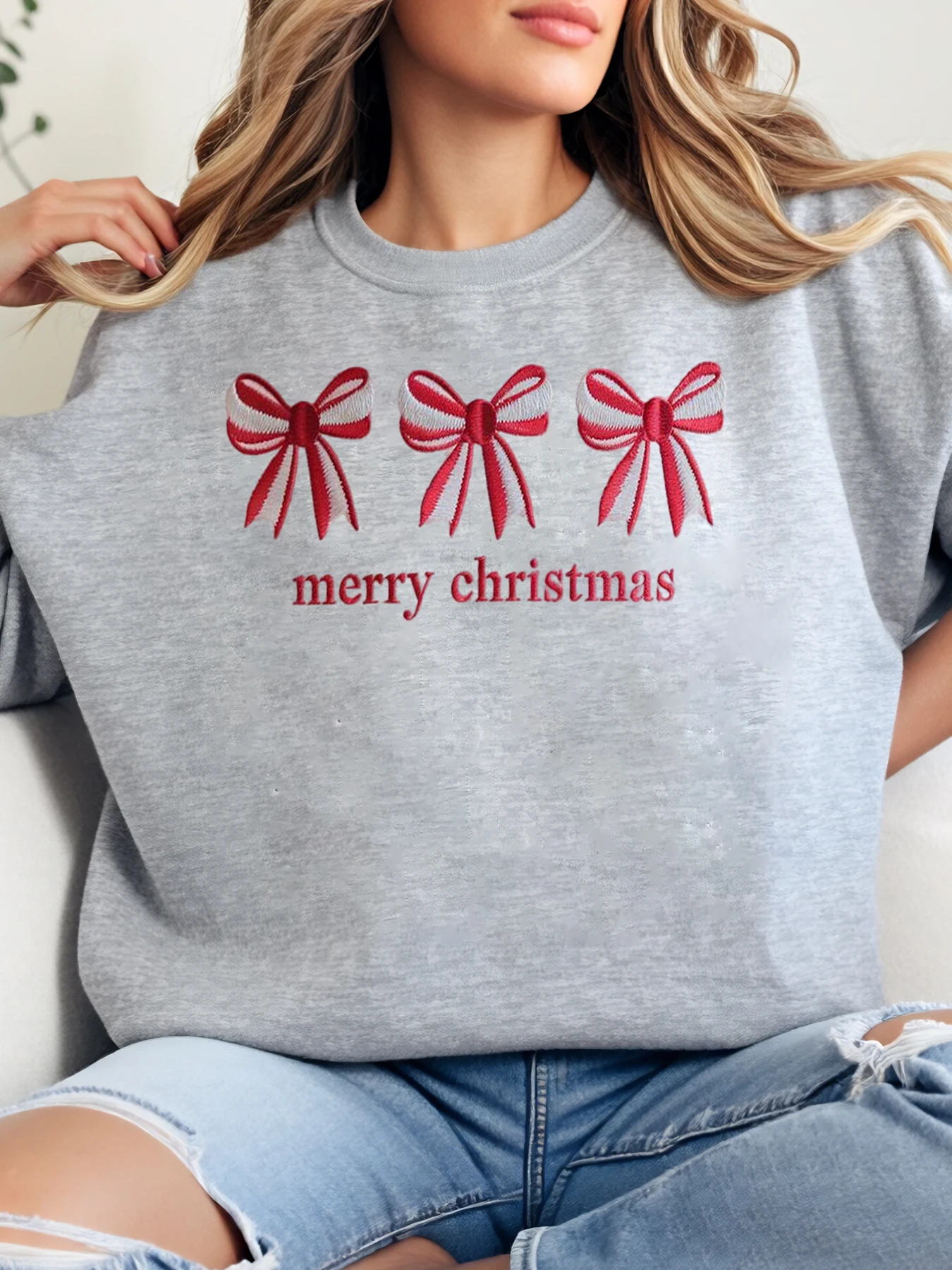 القوس الأحمر عيد ميلاد سعيد طباعة البلوز عطلة المرأة عارضة ارتداء رمادي زائد الحجم #1